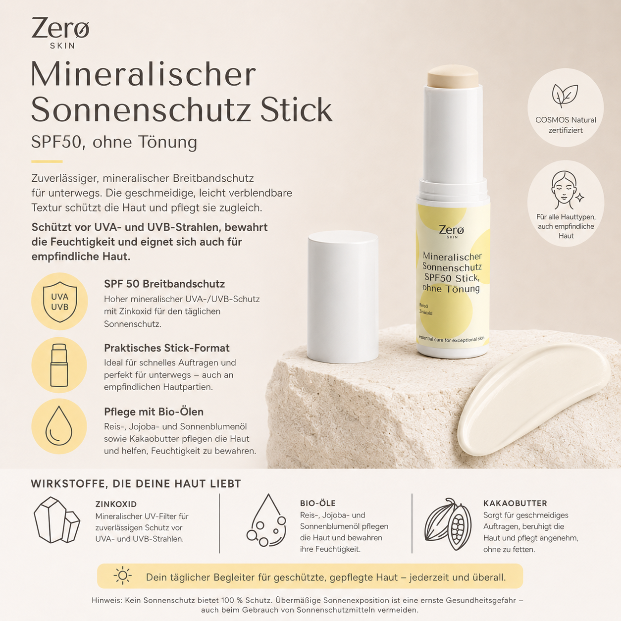 Mineral sunscreen SPF50 stick, without tint - 12 g